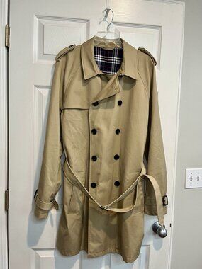 Byron British Style Trench Coat Jacket Size 46R Khaki Plaid Tartan